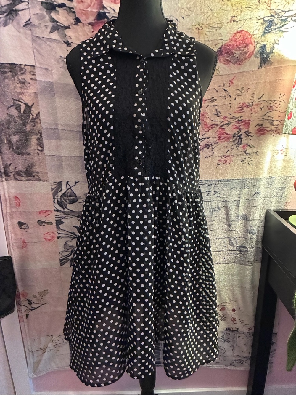 Black & White Polka Dot Sleeveless Shirt Dress